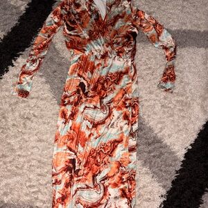 Boohoo Orange and White Marble Long Sleeve Dress